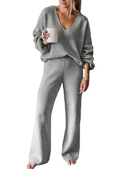 PRICES MAY VARY. This stylish two piece outfit features v neck knit top and wide leg pants for a trendy and chic look Sweater pullover top boasts long lantern sleeves and drop shoulder design Wide leg pants feature elastic waistband and relaxed fit design, suitable for most body types Made of super-soft knit fabric, our wide leg pants sets is the perfect choice for a comfortable and effortless look Suitable for casual wear at home, lounge, work, travel, streetwear, hang out, vacation and more Va Sweater Lounge Set, Tracksuit Outfit, Womens Knit Sweater, Loungewear Outfits, Sweatsuit Set, Pullover Outfit, Long Sleeve Pullover Sweater, Tracksuit Women, Knit Pullover