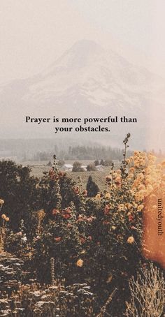 a field with flowers and mountains in the background that says prayer is more powerful than your obstacles