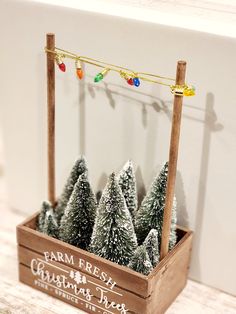 small christmas trees in a wooden box with string lights on the top and below them