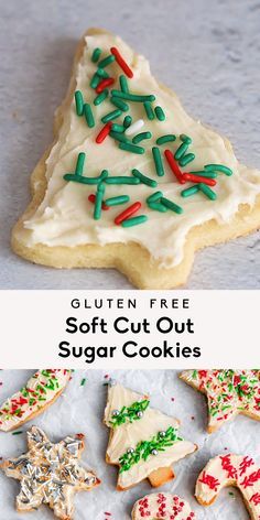 two pictures with different types of cookies on them and the words gluten free soft cut out sugar cookies