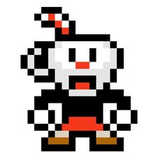 an image of a pixel art character with orange and black colors on his face, standing in front of a white background