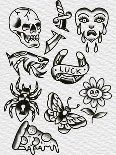 some tattoos that are on the back of a sheet of paper with flowers and skulls