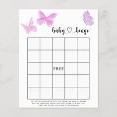 a printable baby shower game with butterflies on the top and text that reads, free