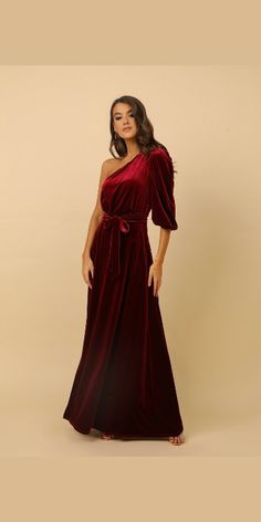 Formal Dress One Shoulder, Burgundy Party Dress, Long Velvet Dress, Burgundy Velvet Dress, One Sleeve Dress, Dress One Shoulder, Dress Bridesmaid, Burgundy Dress, Line Dress