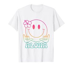 PRICES MAY VARY. Aloha tropical hibiscus flower Shaka hand sign cute smile face tshirt, rainbow happy face Hawaiian tshirt, Hawaii summer vacation beach aesthetic floral smiling face tshirt, retro groovy 70s 80s 90s hippie peace happiness smile face tshirt Lightweight, Classic fit, Double-needle sleeve and bottom hem Vacation Beach Aesthetic, Shaka Hand, 90s Hippie, Hawaii Summer, Happy Tees, Groovy 70s, Aesthetic Floral, Tropical Hibiscus, Peace Happiness