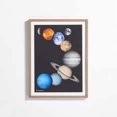 the solar system with eight planets mounted in a wooden frame on a white wall above it