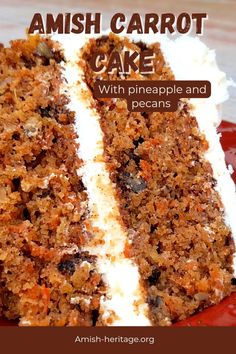 a close up of a slice of cake with white frosting on a red plate