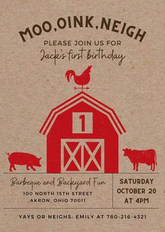 an image of a birthday party with farm animals and barnyards on the front