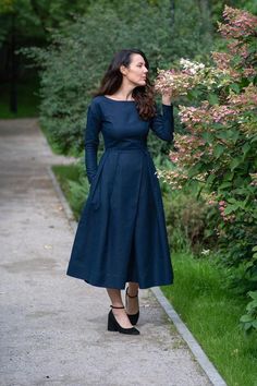 Navy Blue Dress, Modest Linen Dress, Women Linen DressThis exquisite dress will become the star among your collection. It's a timeless piece to cherish and wear with confidence. Made from 100% linen fabric with lining, it's as comfortable as it is chic. The extra-full skirt lends grace and flair to the neatly-cut long sleeved top. Pockets give you somewhere to keep your purse or place your hands for posing in photographs!Every line and flourish of this dress will caress your figure for a flatter Full Sleeves One Piece Dress, Blue Colour Dress Design, Full Hands Dress Designs, Linen One Piece Dress, A Line Frocks For Women, Plain Frocks For Women, Simple A Line Dress, Full Sleeve Dress, Cotton One Piece Dresses