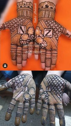 two hands with henna designs on them and one is showing the number twenty five