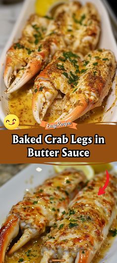 baked crab legs in butter sauce on a white plate