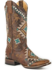 Cute Cowgirl Boots, Brown And Turquoise, Western Shoes, Womens Cowgirl Boots, Handcrafted Boots, Roper Boots, Boots Square Toe, Square Toe Boots, Leather Cowboy Boots