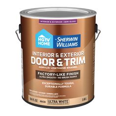 a brown paint with white trim and the words interior and exterior door & trim on it