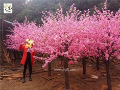 a woman is standing in front of some trees with pink flowers on them and holding a yellow teddy bear