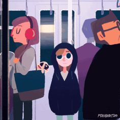 a group of people standing next to each other on a subway train, looking at their cell phones