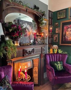 a living room filled with furniture and a fire place in front of a mirror on the wall