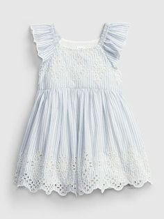 NEW GAP Baby Eyelet Ruffle Dress Bright Hyacinth Size 12-18 Months This is the perfect dress for Spring & Easter photos! Soft woven knit in blue & white striped pattern. Short flutter sleeves. Eyelet lace at chest and hem. Includes matching white cotton bloomers to wear underneath. Brand new with tags. Material: 100% cotton shell, 100% cotton lining, 100% polyester embroidery Spring Striped Dresses With Ruffles, Spring Striped Dress With Ruffle Hem, Gap Cotton Dress With Ruffles, Striped Dress With Ruffle Sleeves For Spring, Gap Spring Dresses With Ruffles, Spring Dresses By Gap With Ruffles, Gap Sleeveless Ruffled Dresses, Gap Sleeveless Ruffle Dress, Gap Sleeveless Dress With Ruffles