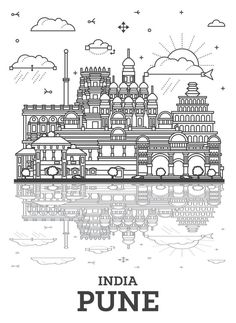 Outline Pune India City Skyline with Historic Buildings and Reflections Isolated on White. Pune Maharashtra Cityscape with Landmarks. Nineveh City, Pune Maharashtra, City Icon, City Vector, India Flag, City Travel, Historic Buildings