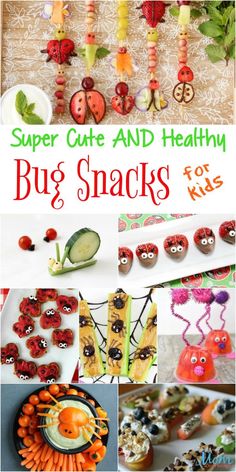 the book cover for super cute and healthy bug snacks for kids is shown with pictures of food