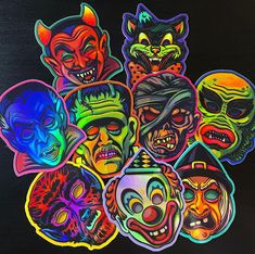 To say I’m obsessed with these stickers would be an understatement 🌈👺 . . #halloween #universalmonsters #halloweenmask #halloweenart… | Instagram Old School Halloween Wallpaper, 80s Halloween Aesthetic Decor, Halloween Vaporwave, 1930s Halloween Art, Vintage Halloween Stickers, Sticker App, Monster Mask, Comic Style Art, Halloween Nail Designs