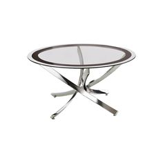 a round glass table with metal legs and a circular glass top on an isolated white background