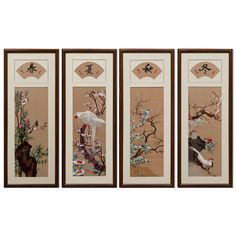 three framed paintings with birds and flowers on them, one is brown the other is beige