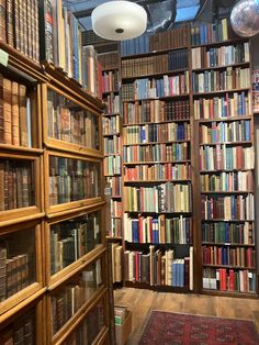 a room filled with lots of books next to a red rug and light fixture hanging from the ceiling