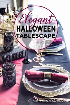 an elegant halloween table setting with red napkins