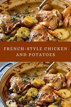 french style chicken and potatoes in a pot with the title overlay reads, french - style chicken and potatoes