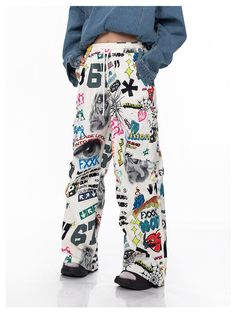 Unit (CM)  Size  Length  Waist  Hip Hem M 102 66 112 60 L 104 70 116 62 XL 106 74 120 64  Model ：165cm/50kg LSize Eyes Graphic Print Pants, Thermal Pants Art, White Paint Splattered Overalls, Hand Printed Pants, Painted Pants, Unique Pants, Colorful Graffiti, Painted Jeans, Wide Pants