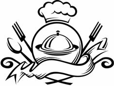 a black and white drawing of a chef's hat with utensils