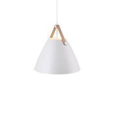 a white and wooden light hanging from a ceiling