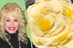 a woman is smiling next to an image of mashed potatoes with eggs on top