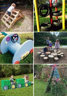 there are many pictures of children playing in the yard and on the lawn with toys