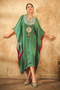 Shop for these amazing collections of Green Modal Satin Print Bandhani Round Neck Pattern Floral Embroidered Kaftan For Women by Aditi Somani online at Aza Fashions. Bandhani Pattern, Kaftan Design, Kaftan Pattern, Kaftan Styles, Kaftan For Women, Embroidered Kaftan, Bandhani Dress, Kaftan Designs, Latest Dress Design