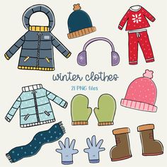 winter clothes and mittens clipart set with hand drawn designs for children's clothing