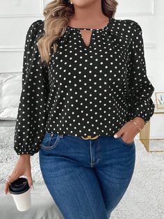 Plus Size Polka Dots Keyhole Neck Lantern Sleeve Blouse Black and White Casual  Long Sleeve Woven Fabric Colorblock,Geometric,Polka Dot Top Non-Stretch  Women Plus Clothing, size features are:Bust: ,Length: ,Sleeve Length: Spring Black Blouse With Geometric Pattern, Lantern Sleeved Blouses, Long Sleeve Tops Casual, Floral Print Blouses, Satin Skirt, Plus Size Blouses, Lantern Sleeves, Kids Sleepwear, White Casual