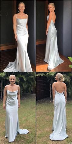 four different pictures of a woman in a white dress and one is wearing a wedding gown