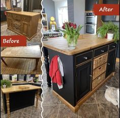 the before and after photos of a kitchen island with flowers on it's top