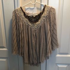 Beaded And Lace Design Bat-Wing Shirt, Never Worn. Size Xs Elegant Beaded Tops For Spring, Bohemian Embellished Tops For Wedding, Bohemian Embellished Wedding Tops, Bat Wing, Free People Top, Lace Design, Bat Wings, Tan Brown, Free People Tops