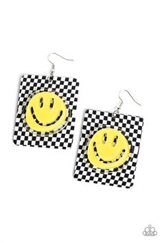 Cheeky Checkerboard - Yellow - Gtdazzlequeen Yellow Smiley Face, Yellow Rings, Brown Bracelet, Jewelry Catalog, Face Earrings, Yellow Earrings, Paparazzi Accessories, White Necklace, The Ear