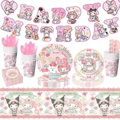 hello kitty birthday party supplies including plates, cups and napkins