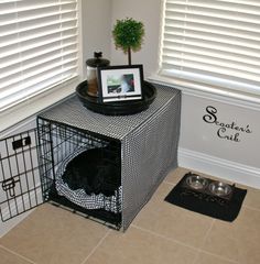 a dog crate with a cat in it next to a window and a potted plant