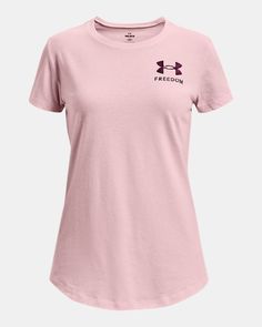 Super-soft, cotton-blend fabric provides all-day comfort|Ribbed collar Under Armour Crew Neck Top With Letter Print, Under Armour Cotton Tops With Letter Print, Under Armour Cotton T-shirt With Letter Print, Under Armour Cotton Top With Graphic Print, Under Armour Cotton Crew Neck Top, Casual Pink Under Armour Top, Picasso Blue, Under Armour Girls, Outdoor Yoga