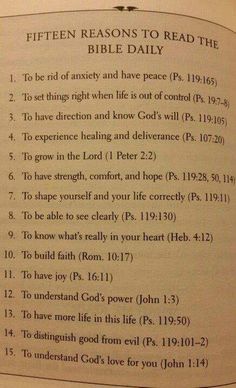 an open bible with the words fifteen reasons to read the bible daily written in it