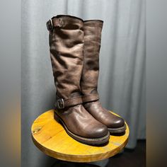 Frye Veronica Slouch Boot. Tall. Brown. Gorgeous Distressed Leather, Tons Of Character, The Leather Smells Amazing!! Brand New In Box! Never Worn. Size 7.5 - Sold Out Everywhere. Frye Veronica, Slouch Boots, Xmas List, Frye Boots, Slouched Boots, Frye Shoes, Distressed Leather, Moto Boots, Smells Amazing