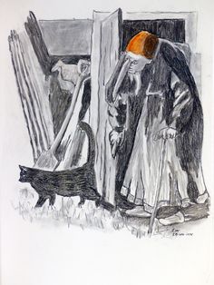 a drawing of a man standing in front of a door with an orange hat on his head