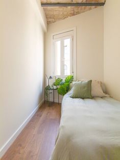 a bed sitting in a bedroom next to a window with a plant on top of it