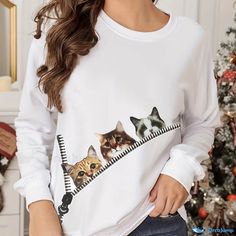 Orcajump - Cute Cat Animal Graphic Crew Neck Sweatshirt, Long Sleeve Loose T-Shirt For Fall & Winter, Women's Clothing Cat Animal, Animal Graphic, Pets Cats, Cute Cat, Crew Neck Sweatshirt, Women's Clothing, Fall Winter, Crew Neck, Sweatshirts