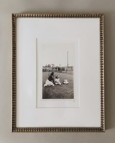 a black and white photo of two dogs laying in the grass